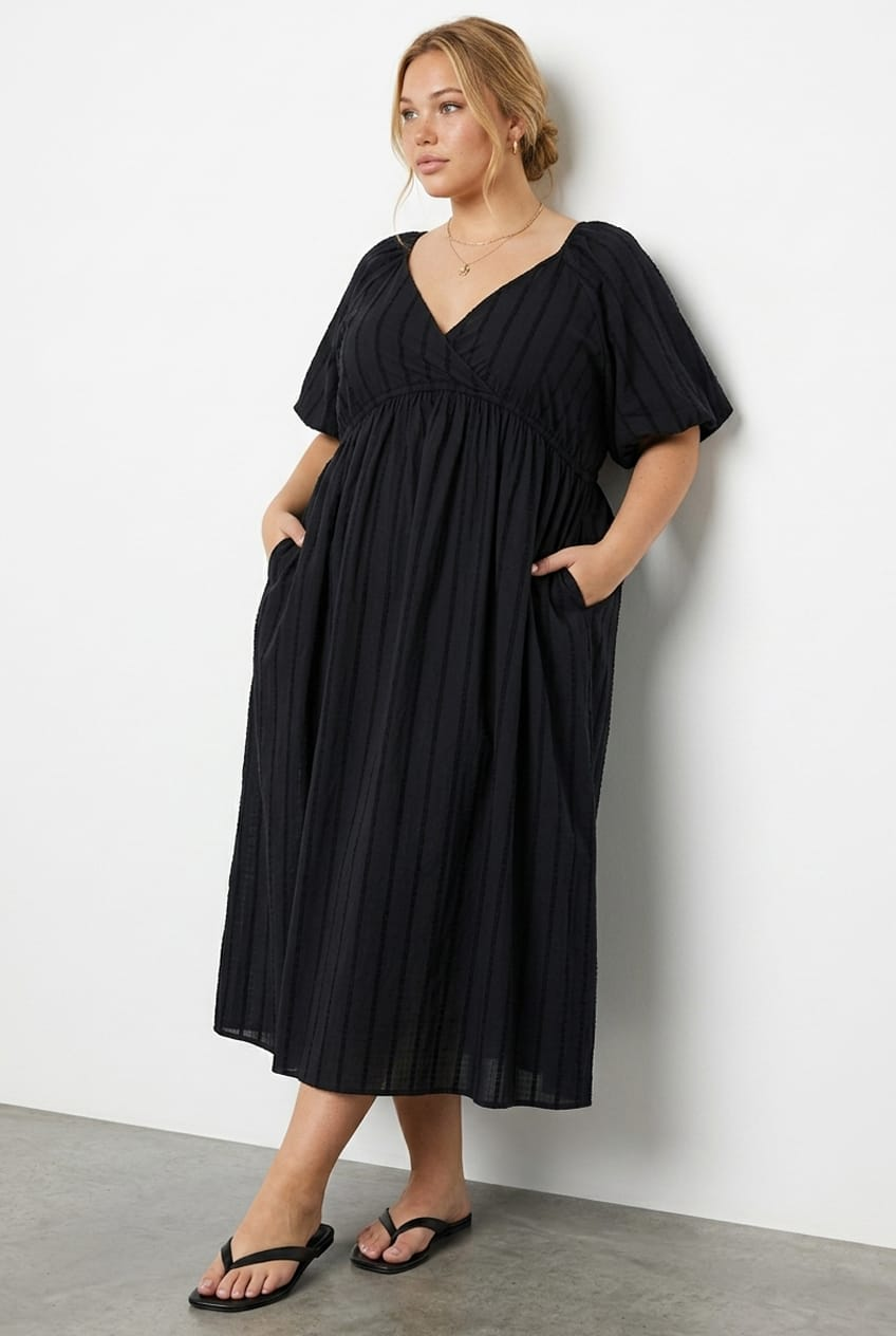 Black Midi Dress Short Sleeve Textured Cotton for YouandAll Fashion