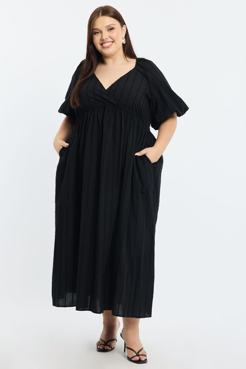 Black Midi Dress Short Sleeve Textured Cotton