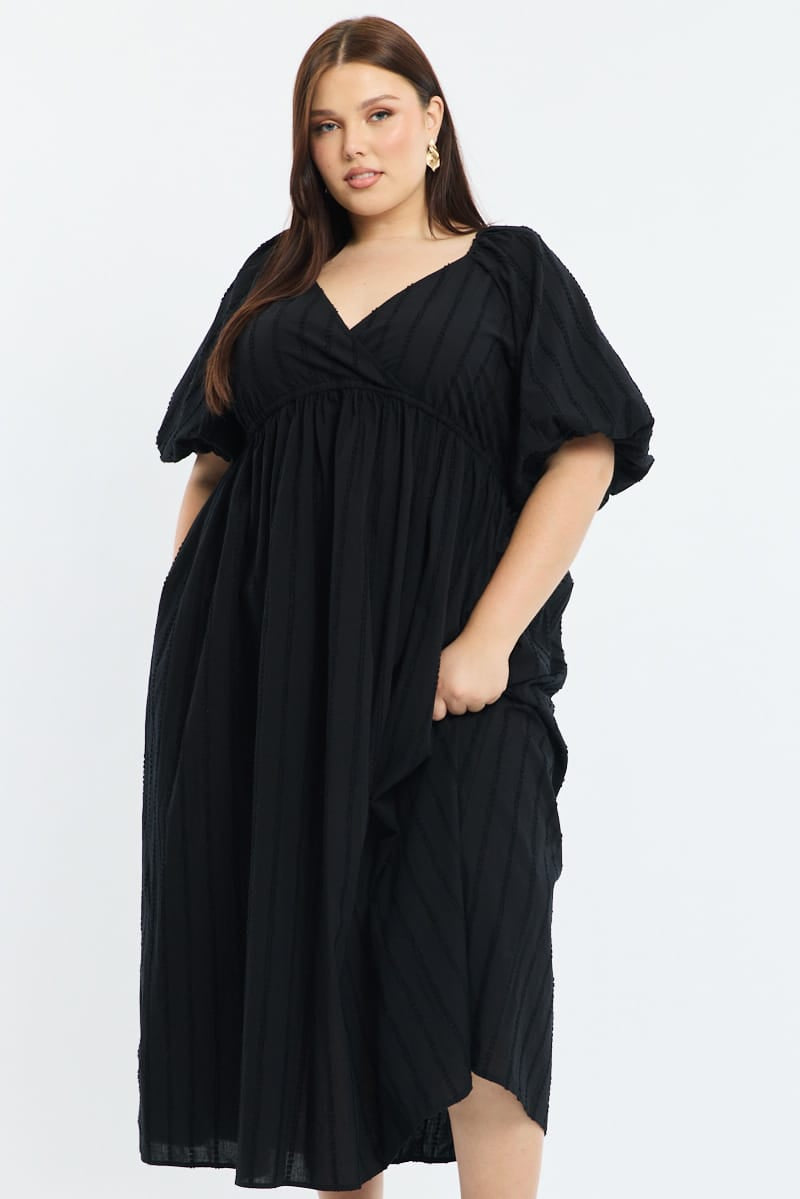 Black Midi Dress Short Sleeve Textured Cotton