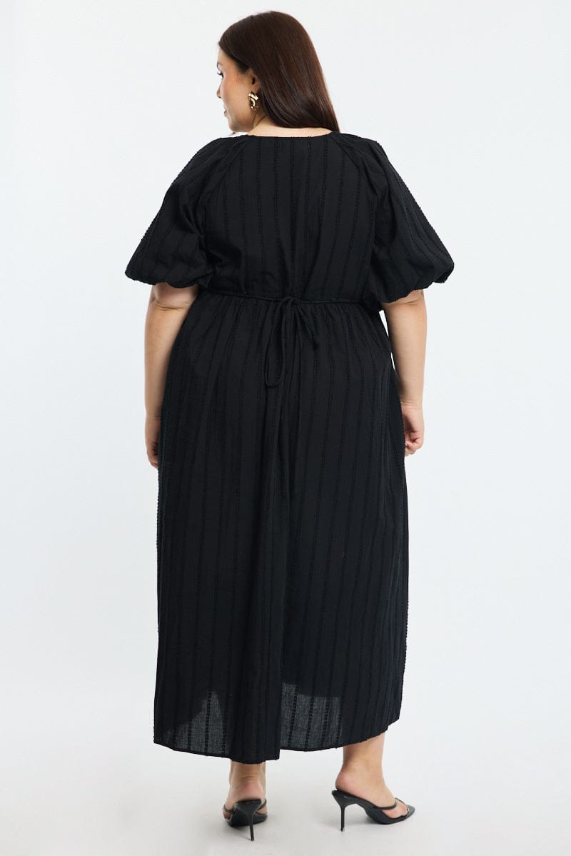 Black Midi Dress Short Sleeve Textured Cotton for YouandAll Fashion