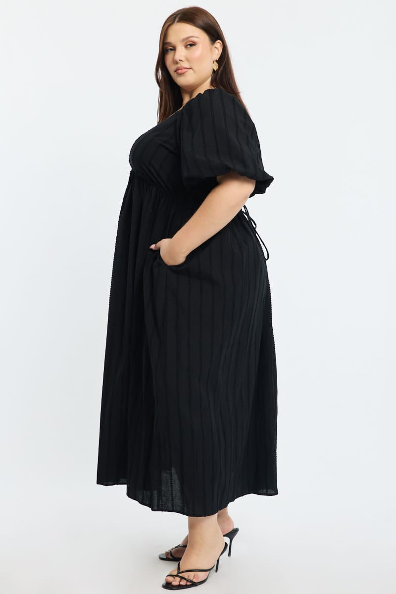 Black Midi Dress Short Sleeve Textured Cotton