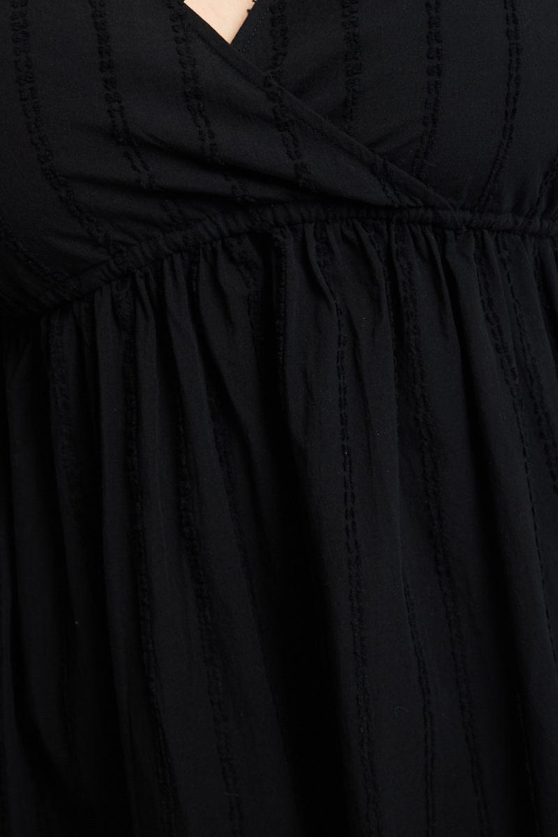 Black Midi Dress Short Sleeve Textured Cotton for YouandAll Fashion