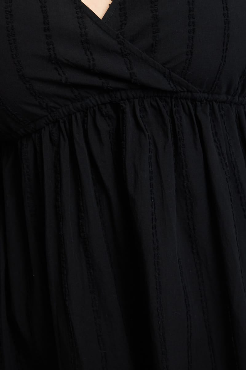 Black Midi Dress Short Sleeve Textured Cotton for YouandAll Fashion
