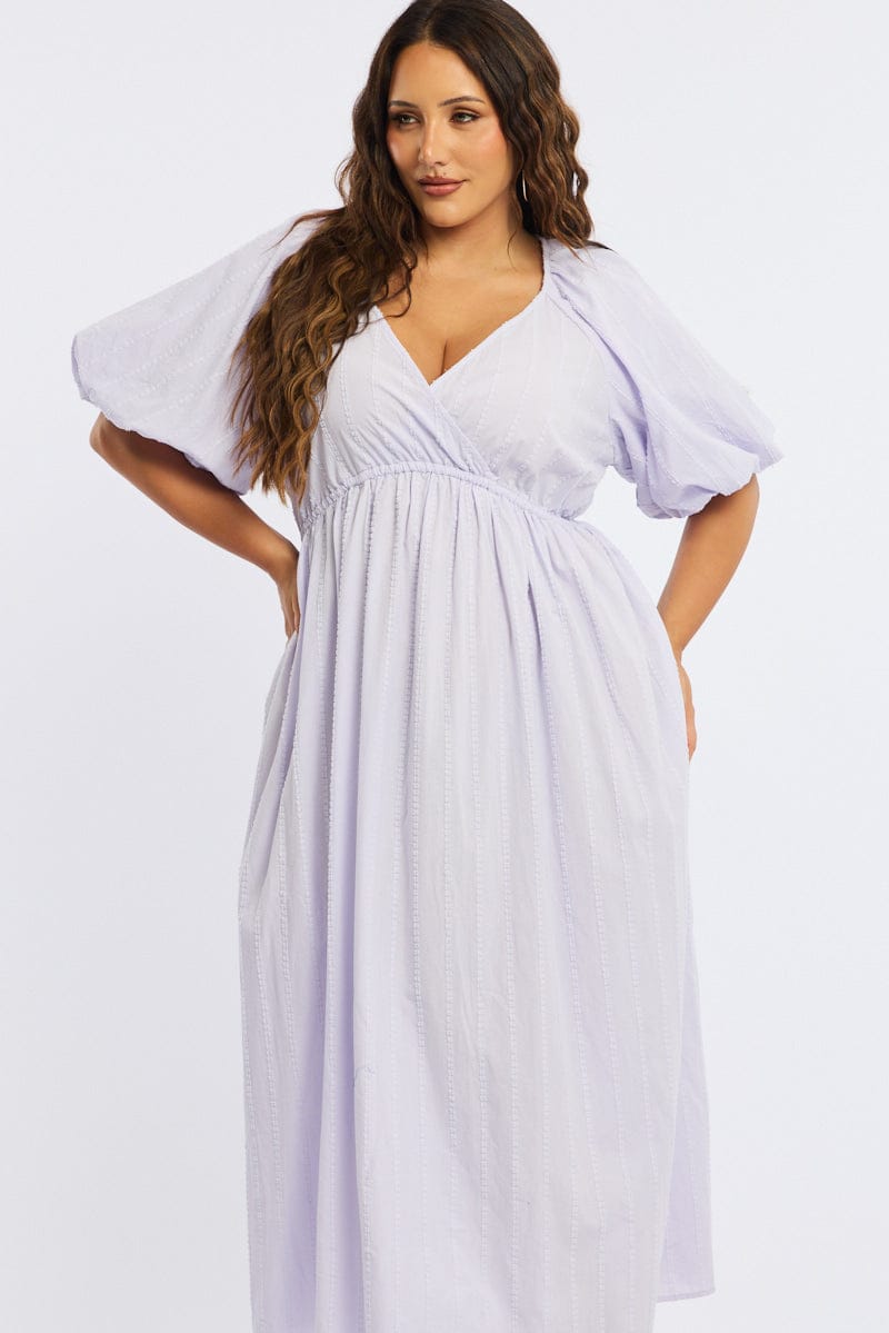 Purple Midi Dress Short Sleeve Textured Cotton for YouandAll Fashion