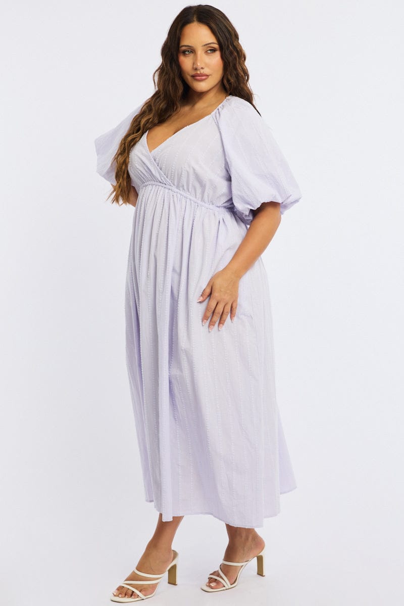 Purple Midi Dress Short Sleeve Textured Cotton for YouandAll Fashion