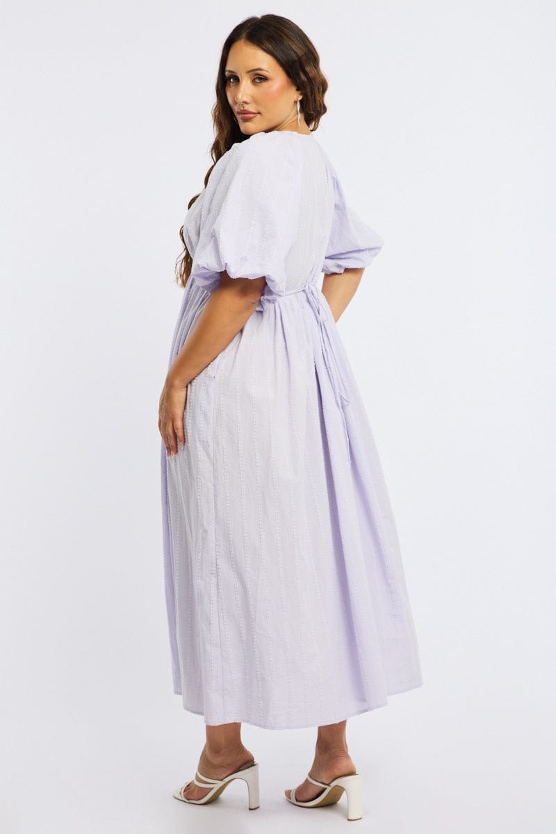 Purple Midi Dress Short Sleeve Textured Cotton for YouandAll Fashion