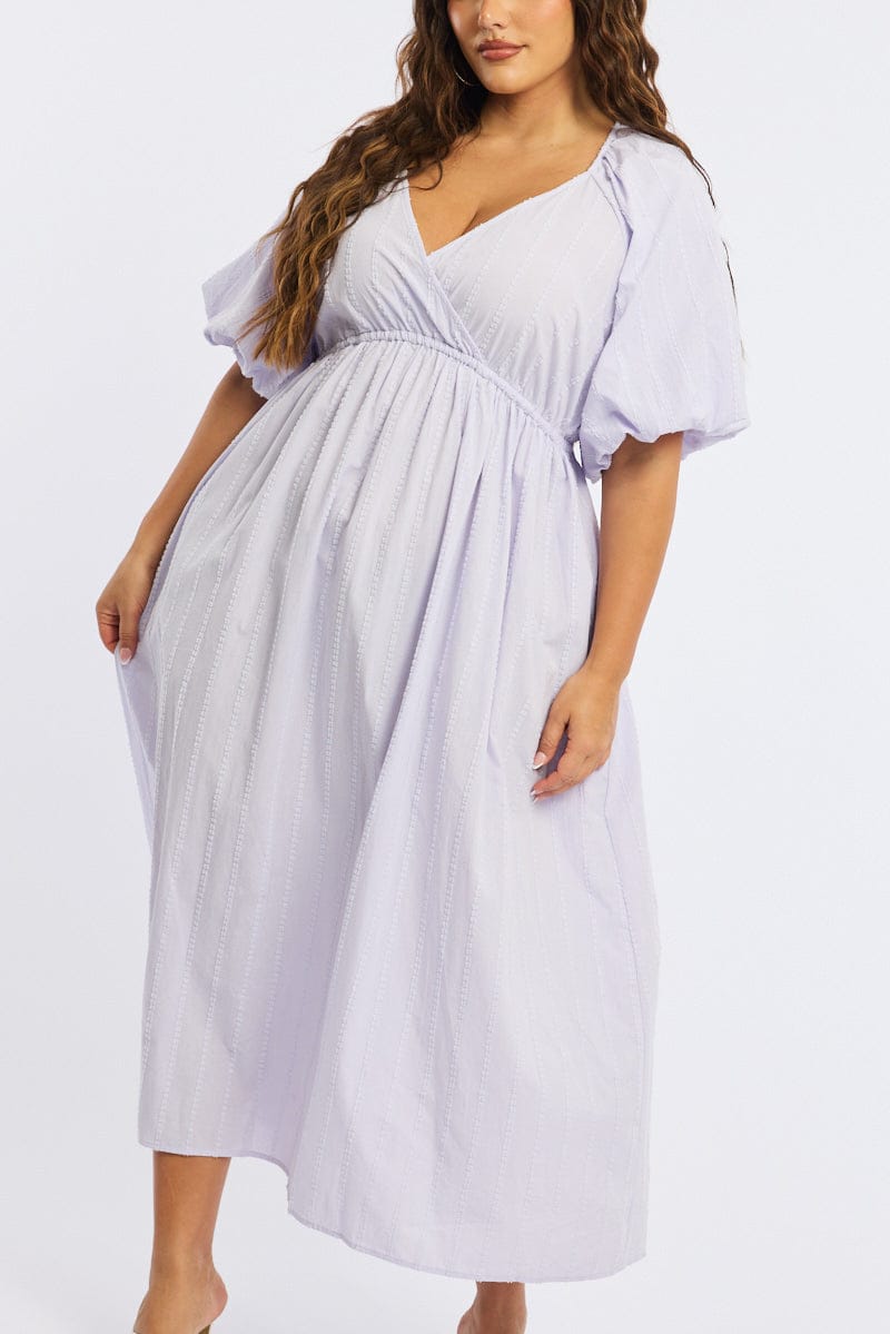 Purple Midi Dress Short Sleeve Textured Cotton for YouandAll Fashion