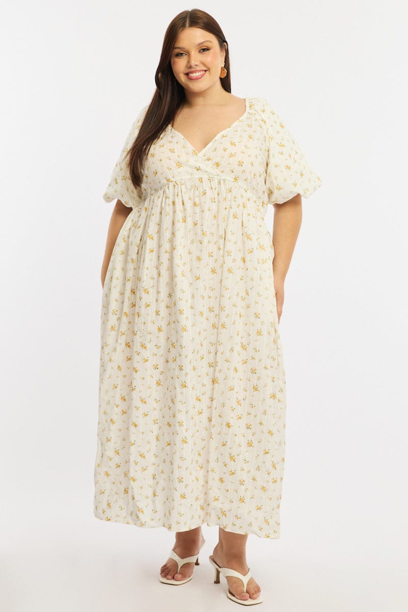 Yellow Ditsy Midi Dress Short Sleeve Cross Over