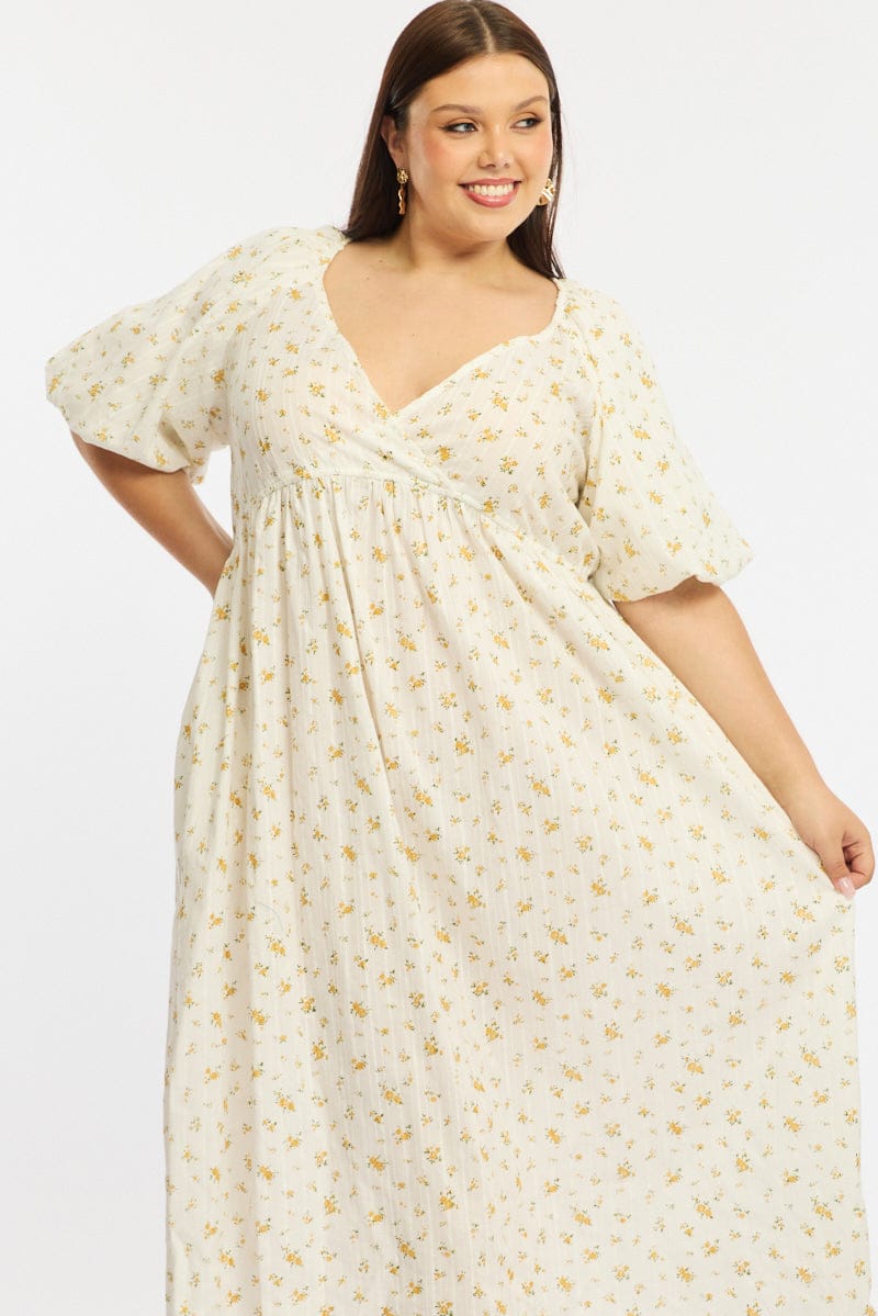 Yellow Ditsy Midi Dress Short Sleeve Cross Over for YouandAll Fashion