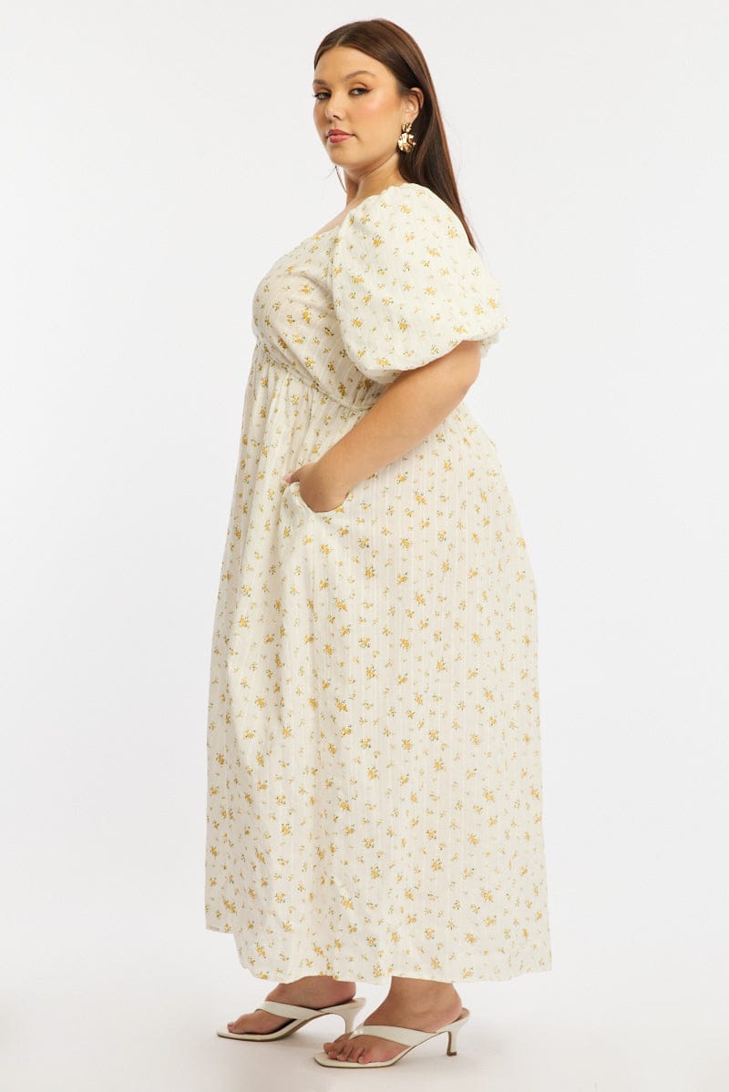 Yellow Ditsy Midi Dress Short Sleeve Cross Over for YouandAll Fashion