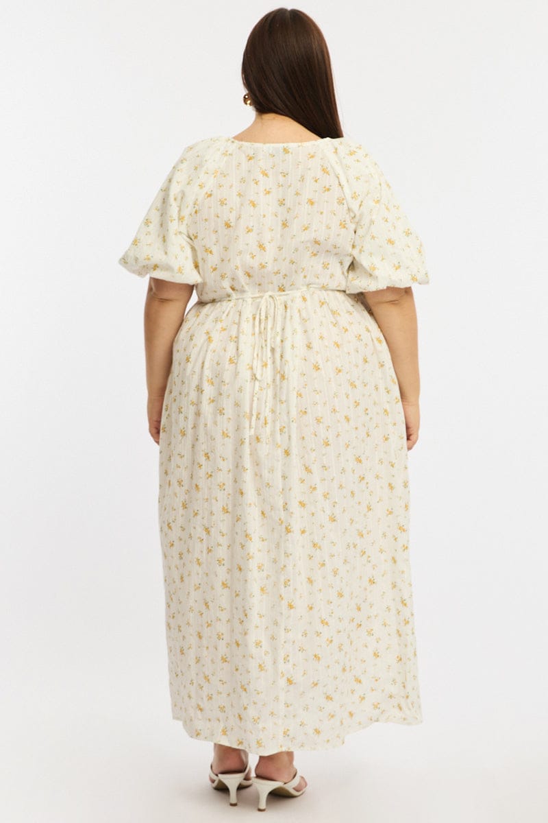 Yellow Ditsy Midi Dress Short Sleeve Cross Over for YouandAll Fashion