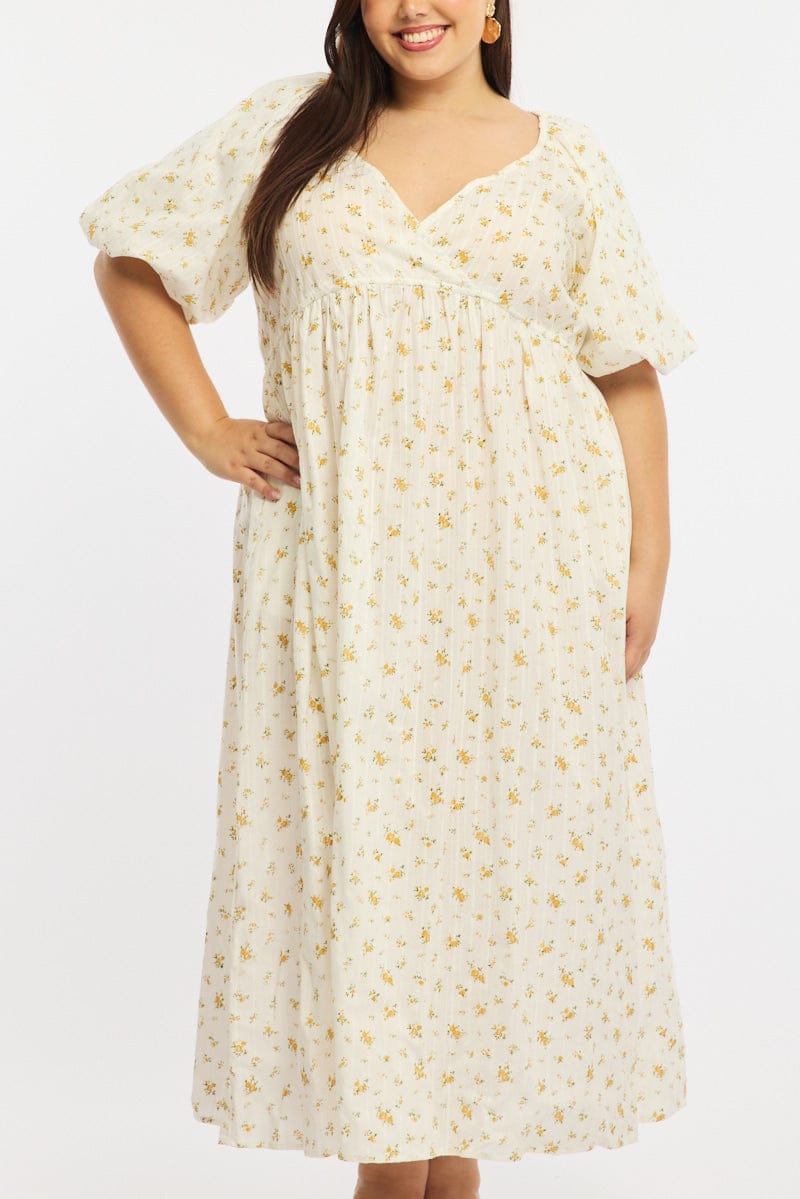 Yellow Ditsy Midi Dress Short Sleeve Cross Over for YouandAll Fashion