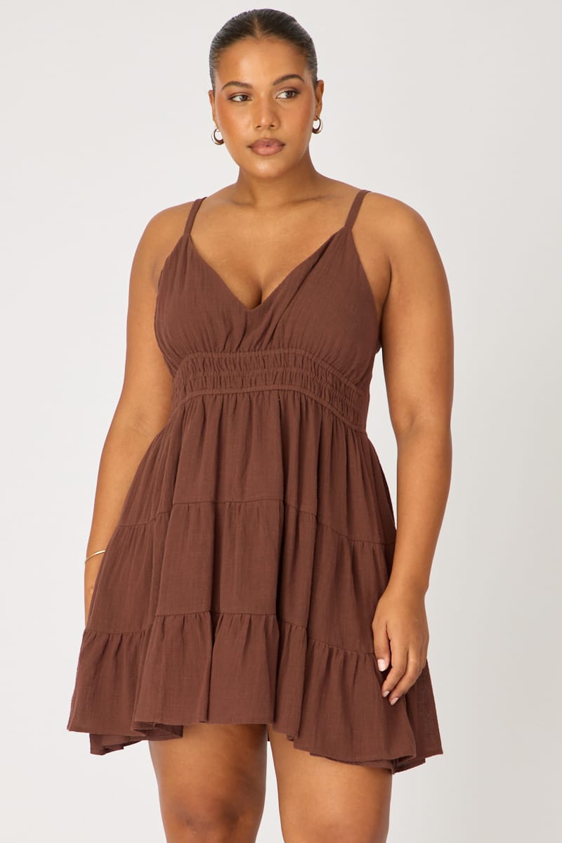 Brown Tiered Skater Dress Sleeveless for YouandAll Fashion