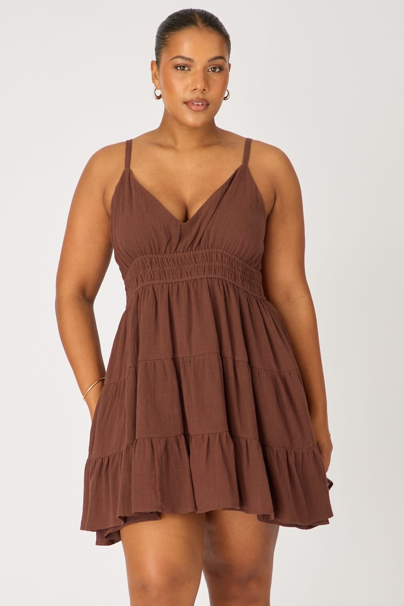 Brown Tiered Skater Dress Sleeveless for YouandAll Fashion