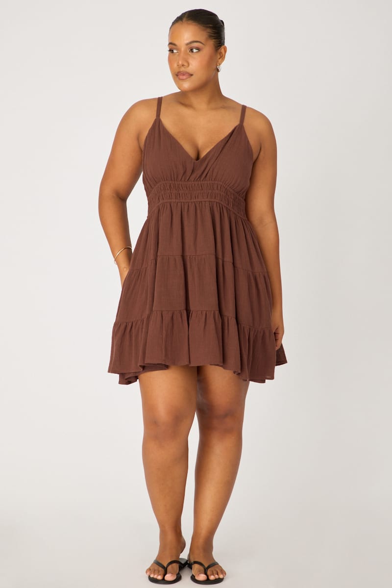 Brown Tiered Skater Dress Sleeveless