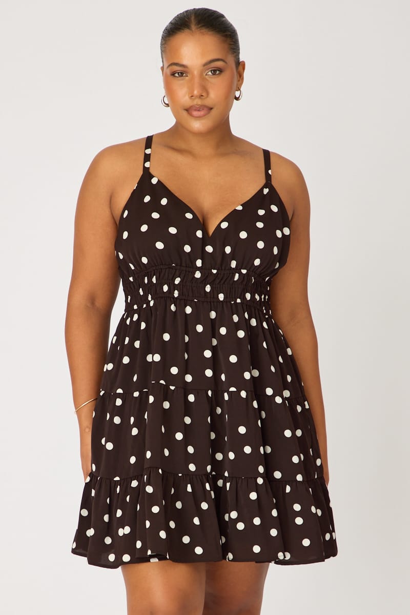 Brown Polka Dot Skater Dress Sleeveless for YouandAll Fashion