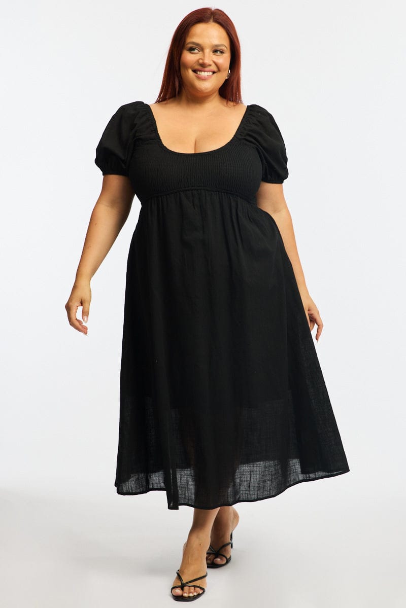 Black Shirred Midi Dress Short Sleeve for YouandAll Fashion
