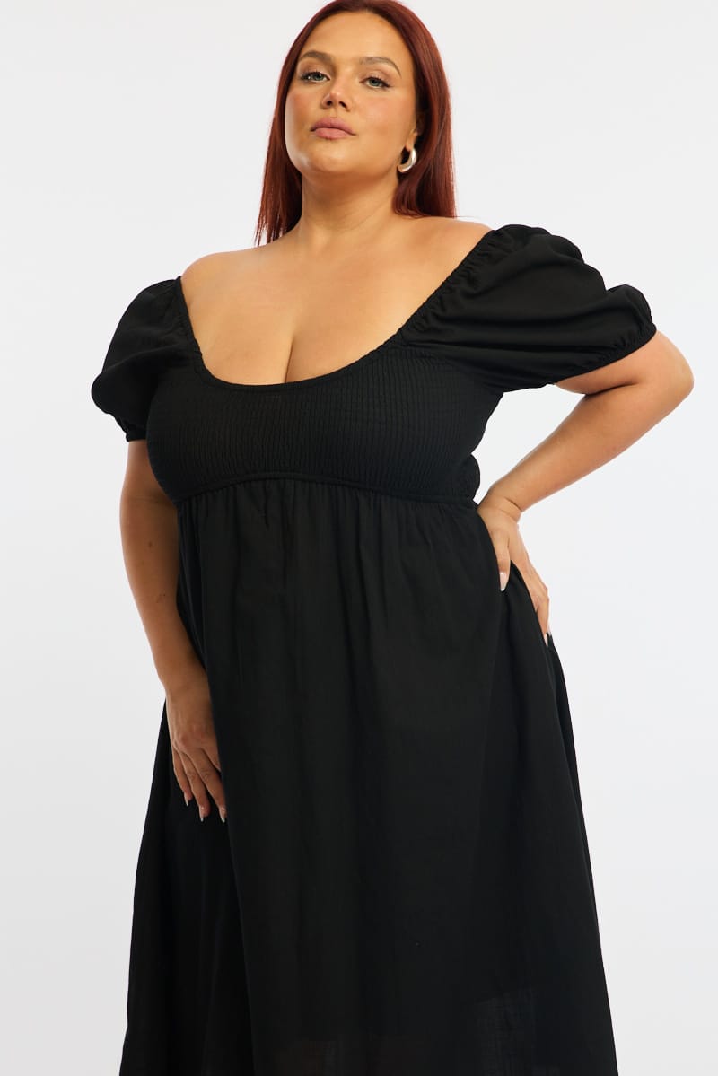 Black Shirred Midi Dress Short Sleeve