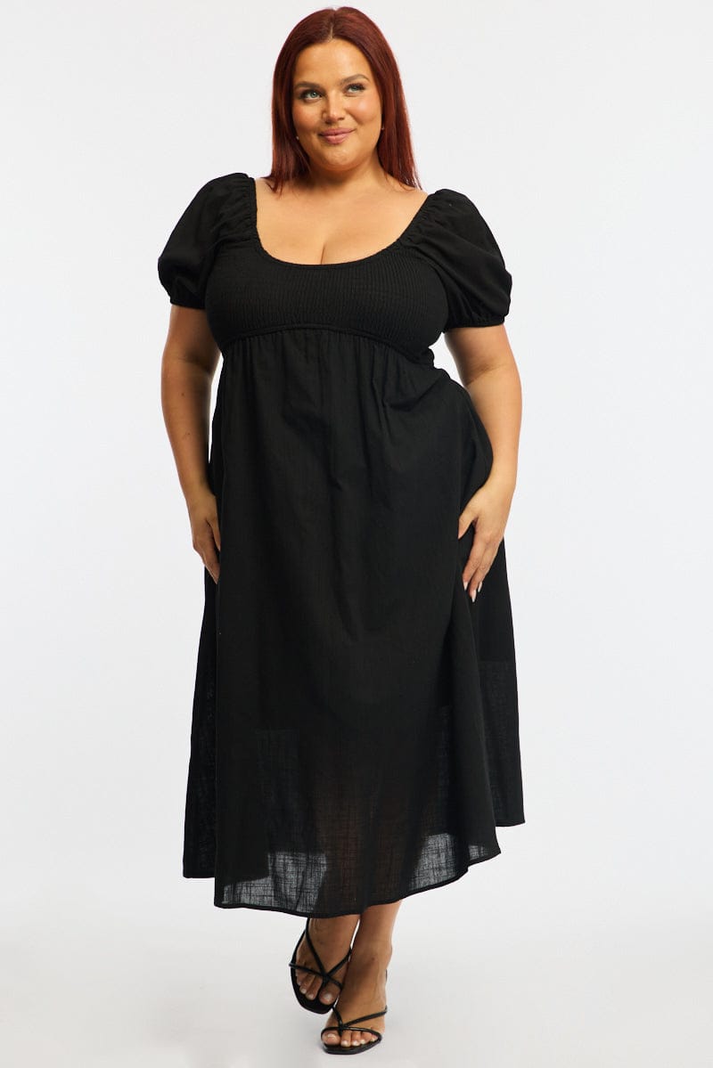 Black Shirred Midi Dress Short Sleeve for YouandAll Fashion
