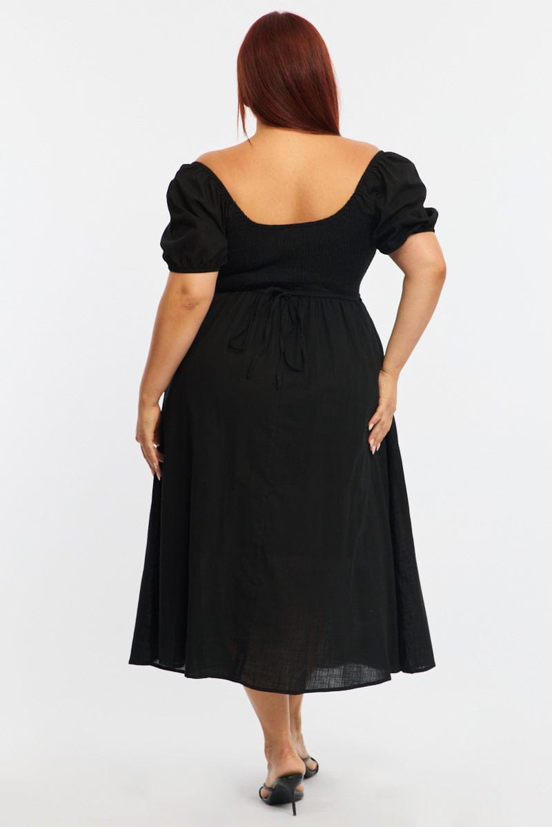 Black Shirred Midi Dress Short Sleeve for YouandAll Fashion