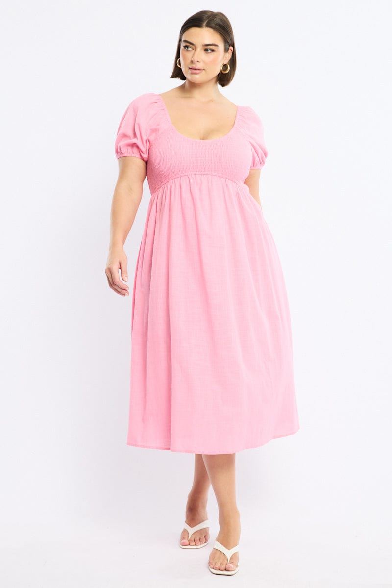 Pink Shirred Midi Dress Short Sleeve for YouandAll Fashion