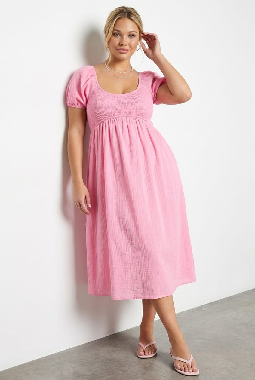 Pink Shirred Midi Dress Short Sleeve for YouandAll Fashion