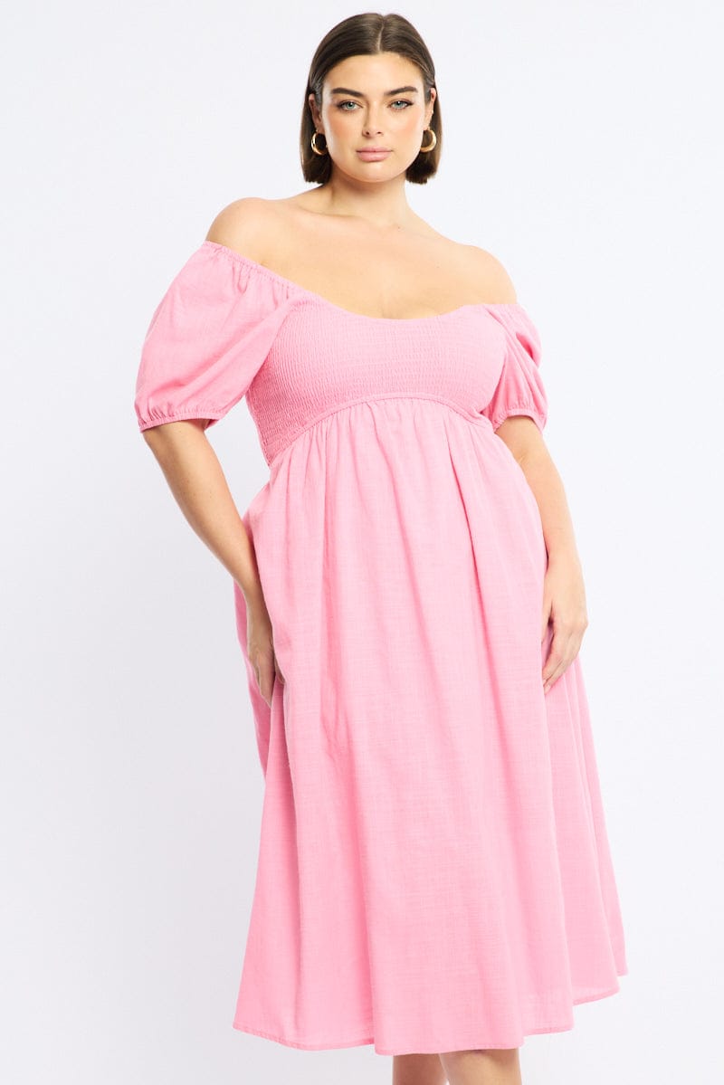 Pink Shirred Midi Dress Short Sleeve for YouandAll Fashion