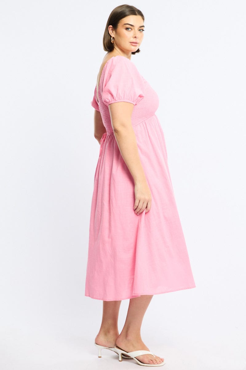 Pink Shirred Midi Dress Short Sleeve for YouandAll Fashion