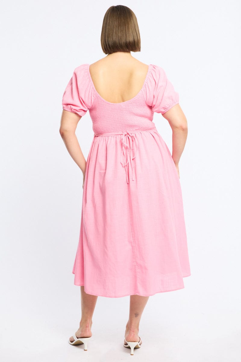 Pink Shirred Midi Dress Short Sleeve for YouandAll Fashion