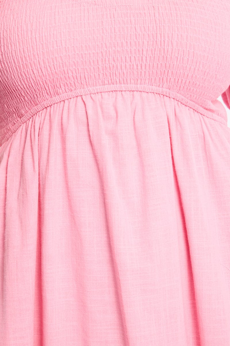 Pink Shirred Midi Dress Short Sleeve for YouandAll Fashion