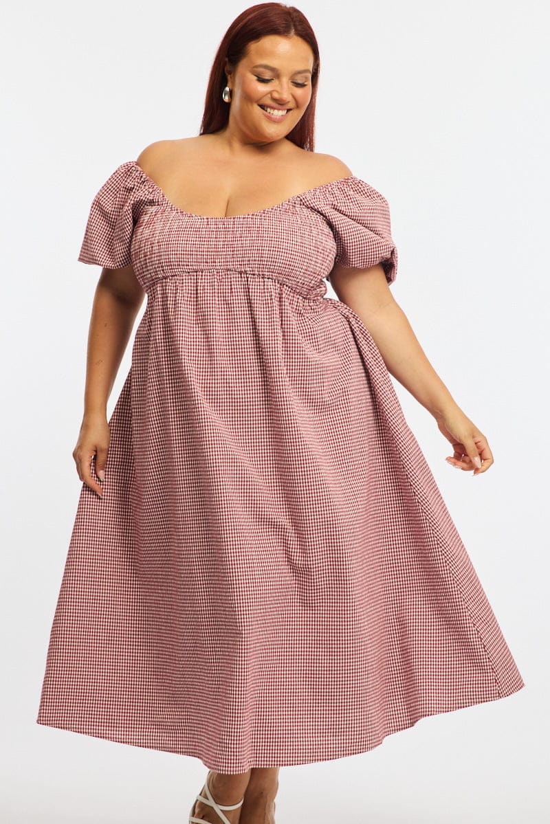 Red Check Midi Dress Short Sleeve Shirred for YouandAll Fashion