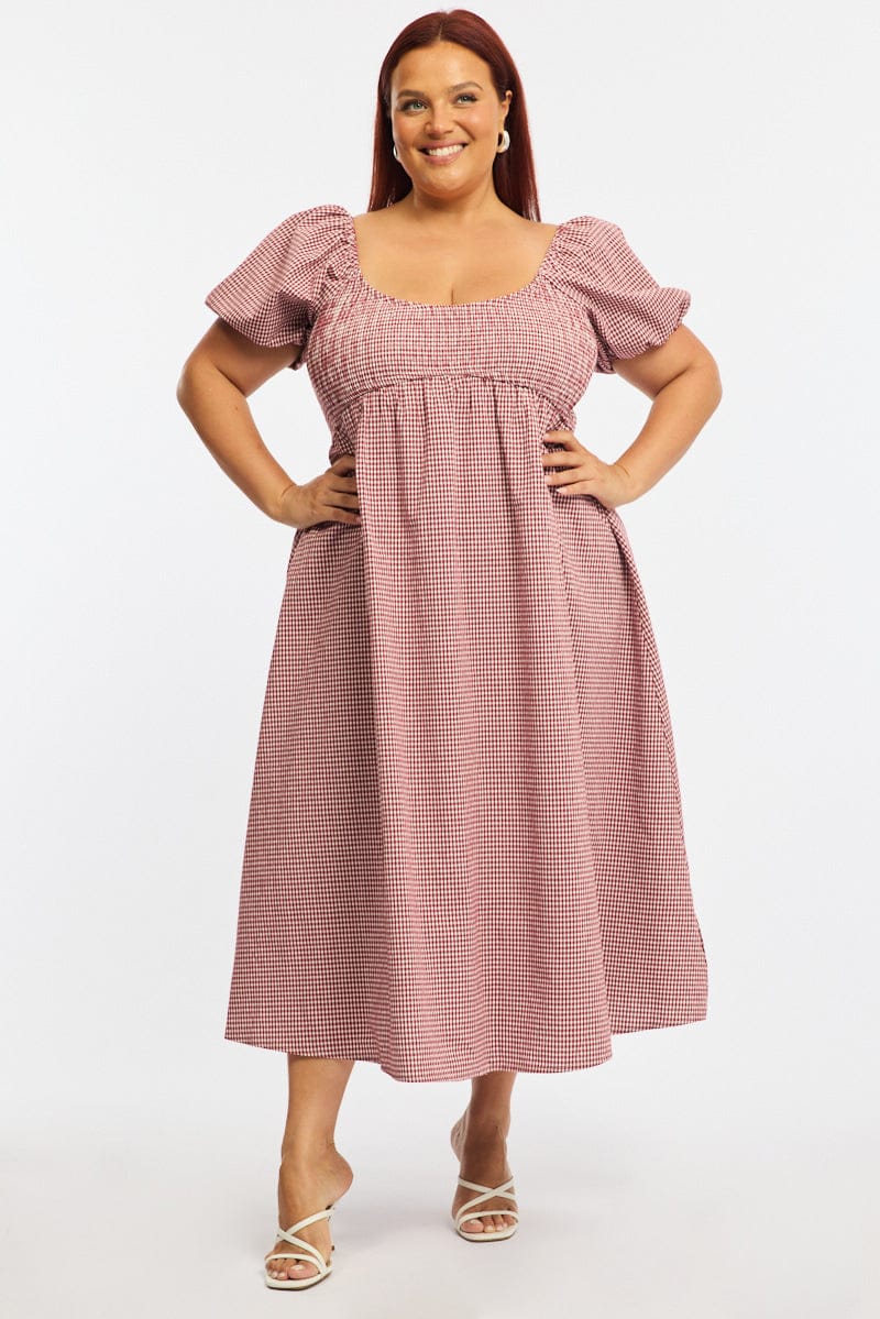 Red Check Midi Dress Short Sleeve Shirred for YouandAll Fashion