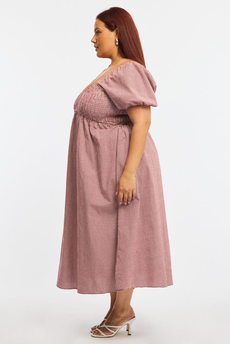 Red Check Midi Dress Short Sleeve Shirred