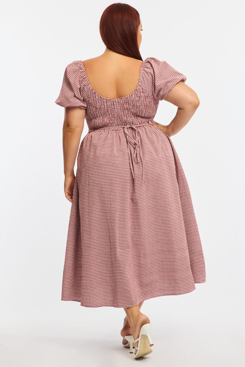 Red Check Midi Dress Short Sleeve Shirred for YouandAll Fashion