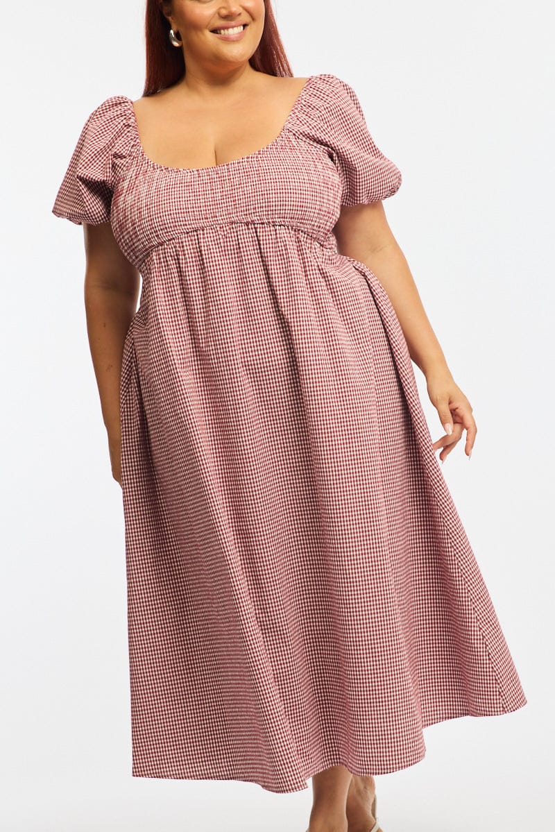 Red Check Midi Dress Short Sleeve Shirred for YouandAll Fashion