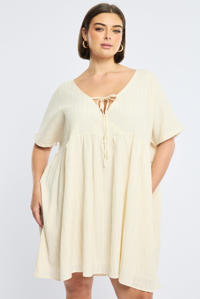 Beige Mini Dress Textured Tie Front for YouandAll Fashion