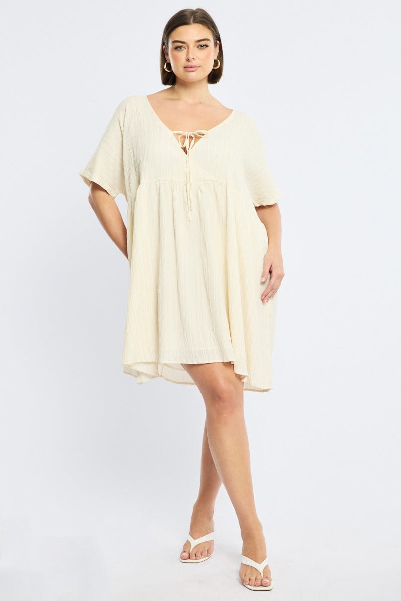 Beige Mini Dress Textured Tie Front for YouandAll Fashion