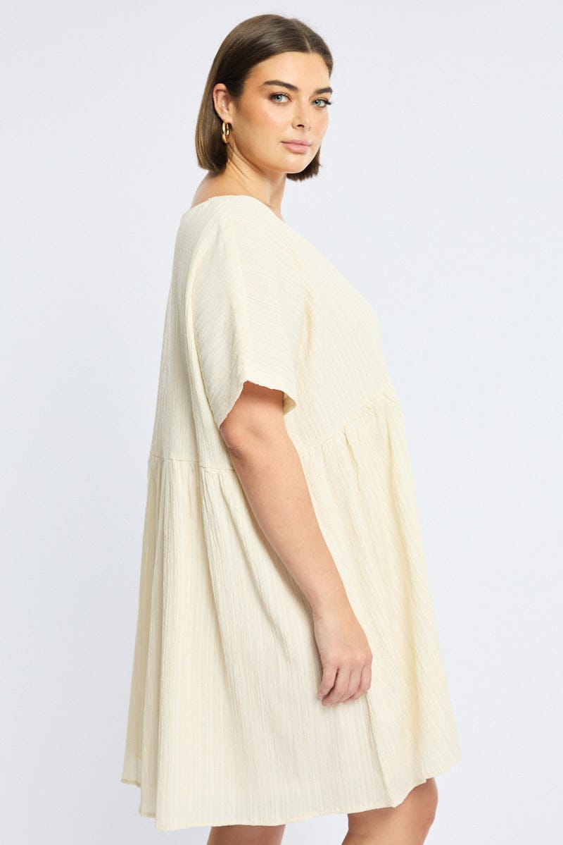 Beige Mini Dress Textured Tie Front for YouandAll Fashion