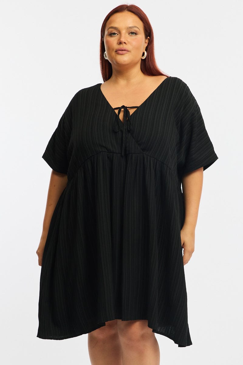 Black Mini Dress Textured Tie Front for YouandAll Fashion