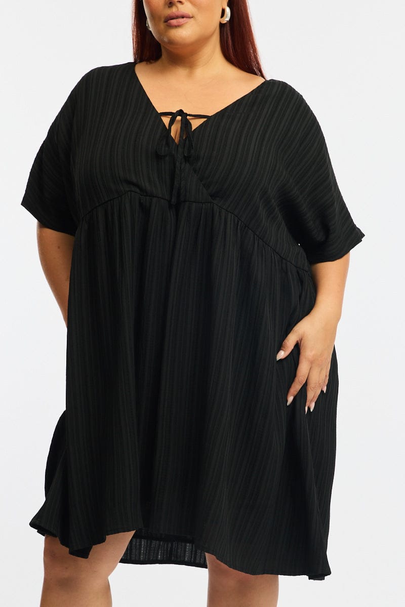 Black Mini Dress Textured Tie Front for YouandAll Fashion