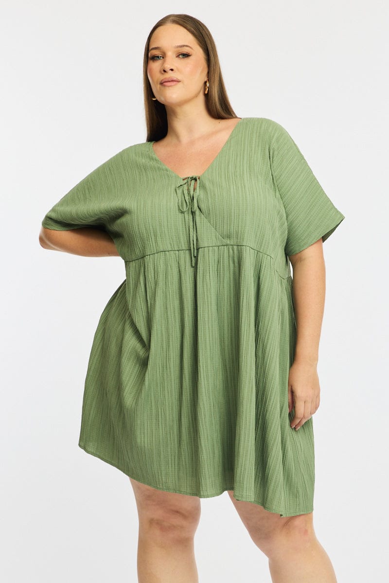 Green Mini Dress Textured Tie Front for YouandAll Fashion