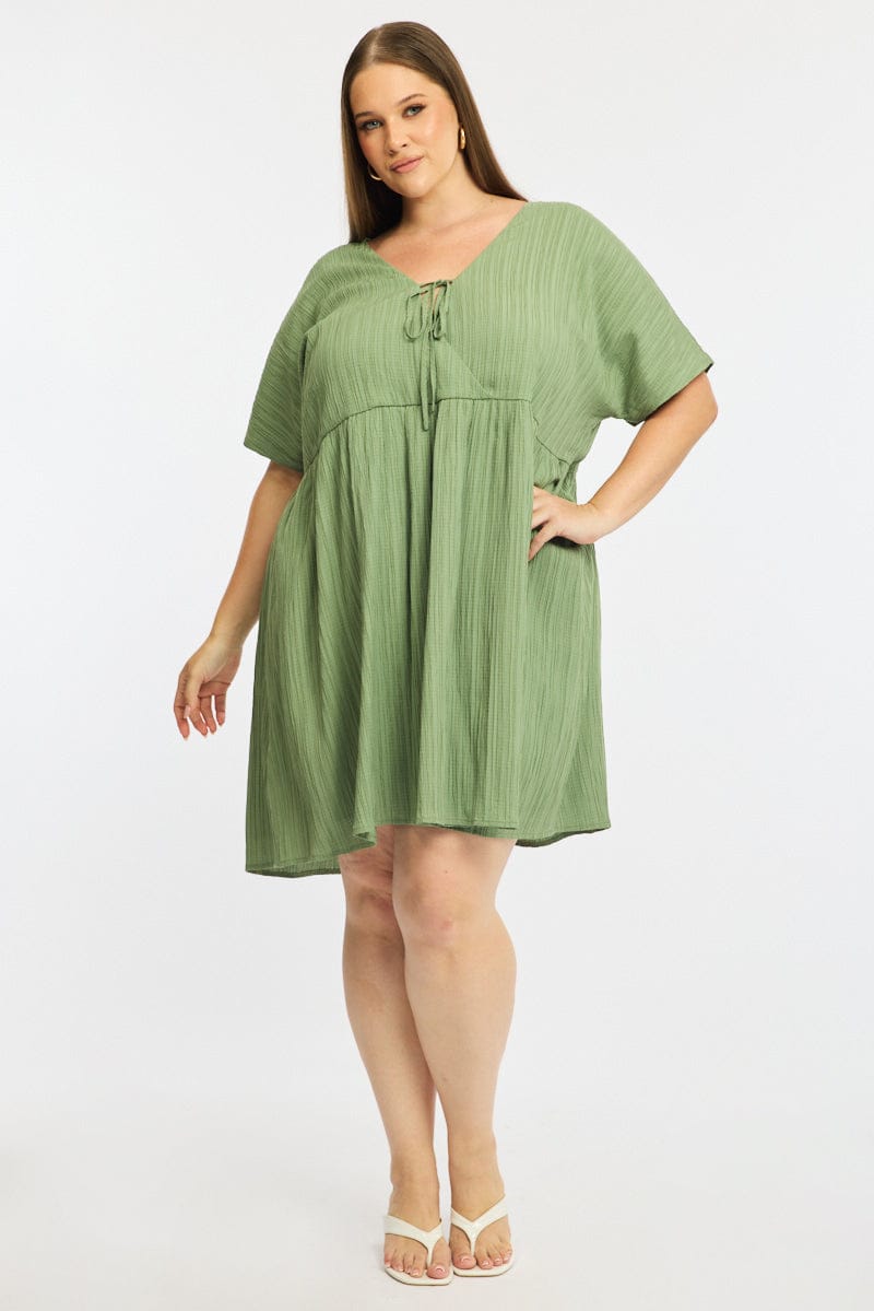 Green Mini Dress Textured Tie Front for YouandAll Fashion