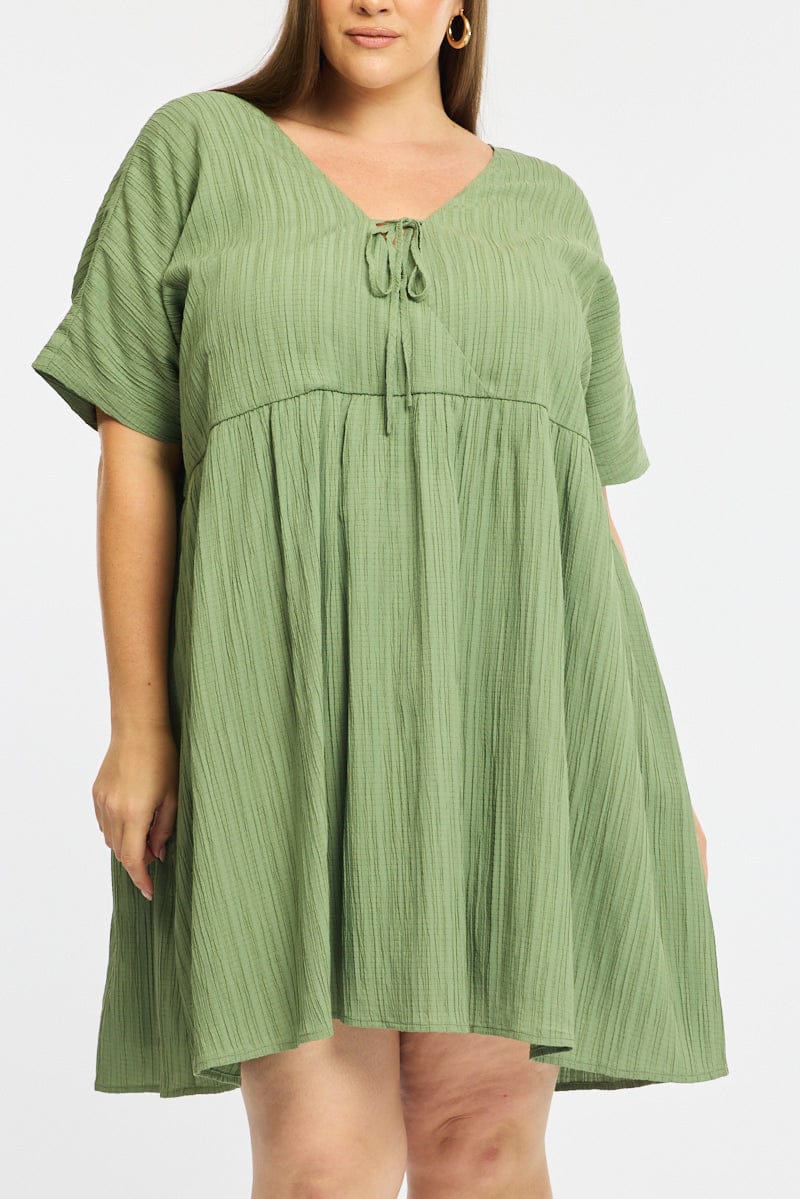 Green Mini Dress Textured Tie Front for YouandAll Fashion