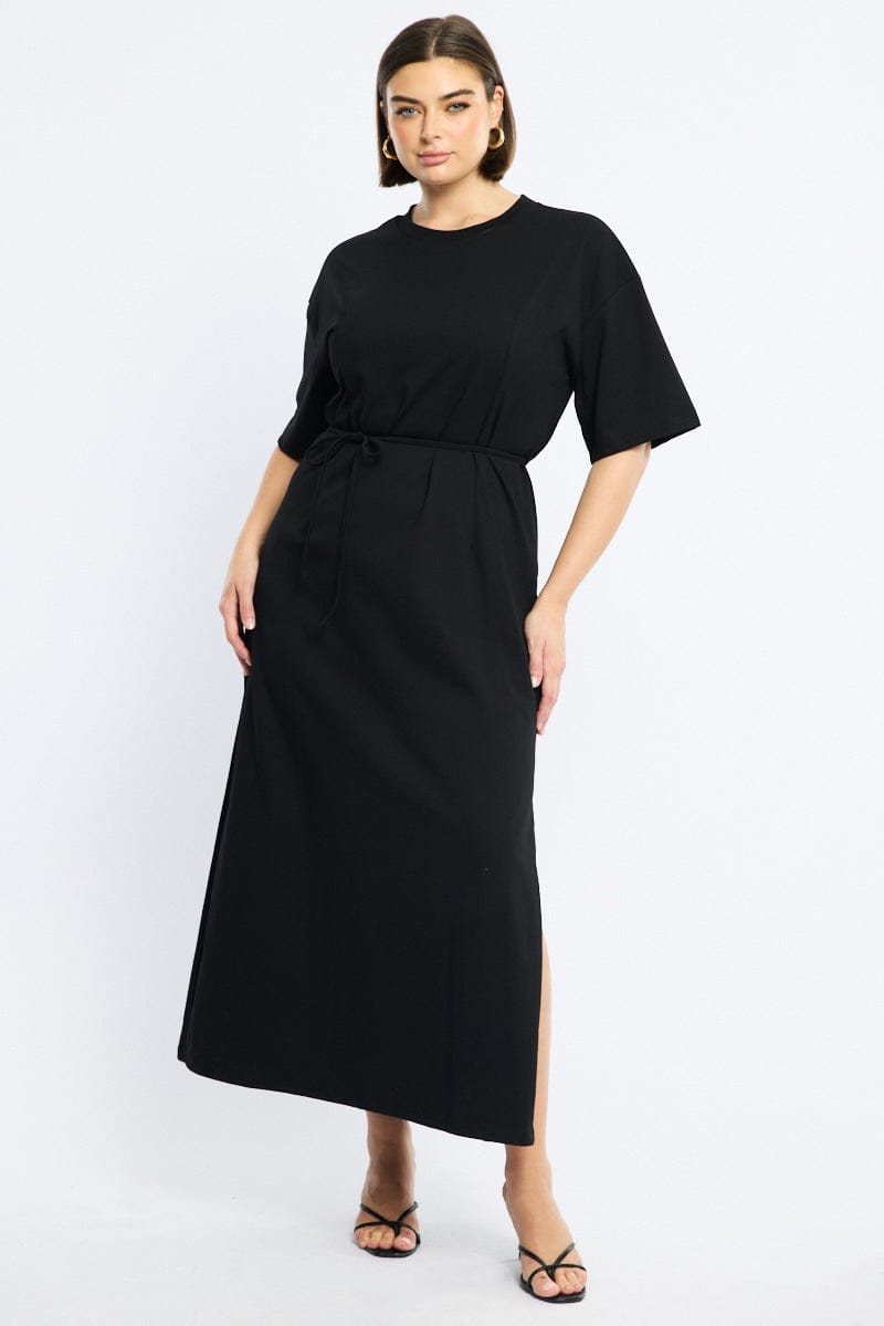 Black Maxi Dress Short Sleeve Self Tie for YouandAll Fashion