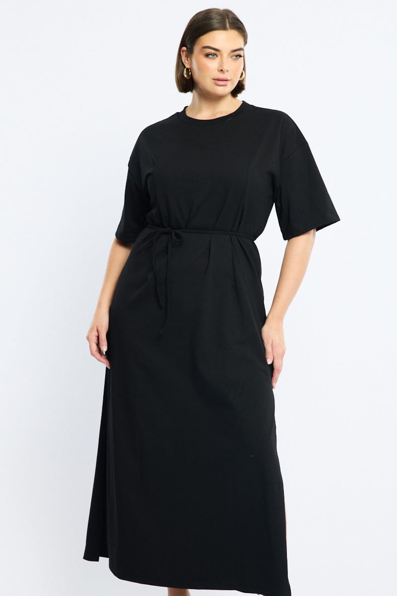 Black Maxi Dress Short Sleeve Self Tie for YouandAll Fashion