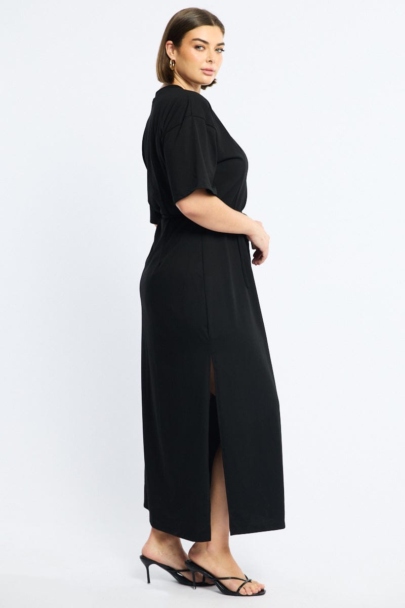 Black Maxi Dress Short Sleeve Self Tie for YouandAll Fashion