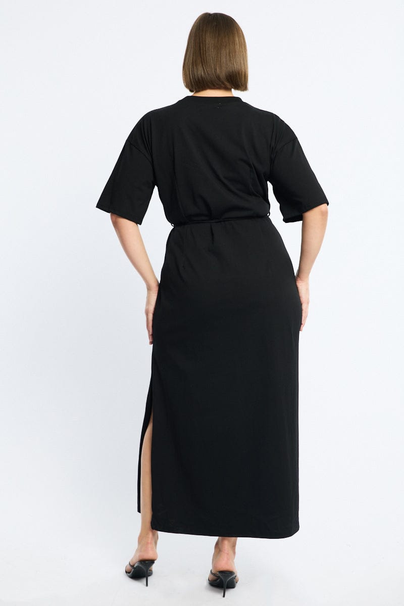 Black Maxi Dress Short Sleeve Self Tie for YouandAll Fashion
