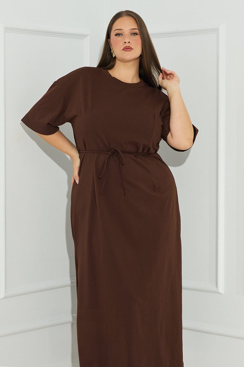 Brown Maxi Dress Short Sleeve Self Tie for YouandAll Fashion