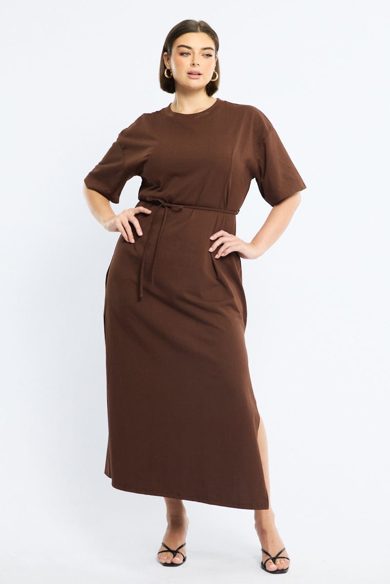 Brown Maxi Dress Short Sleeve Self Tie for YouandAll Fashion