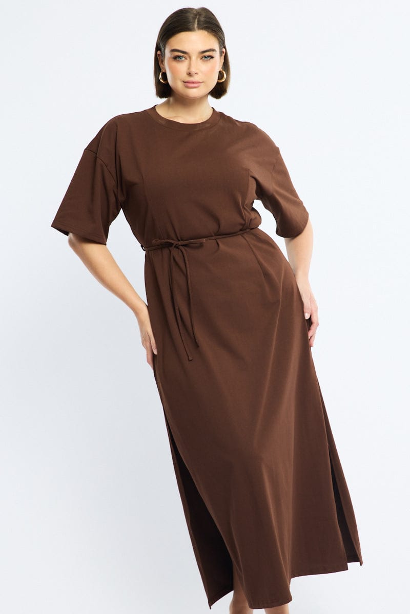 Brown Maxi Dress Short Sleeve Self Tie for YouandAll Fashion